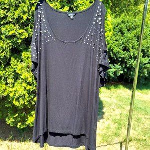 GRAZIA Womens Stretchy  Silver Studded Cold Shoulder Black Top - Plus Size 28